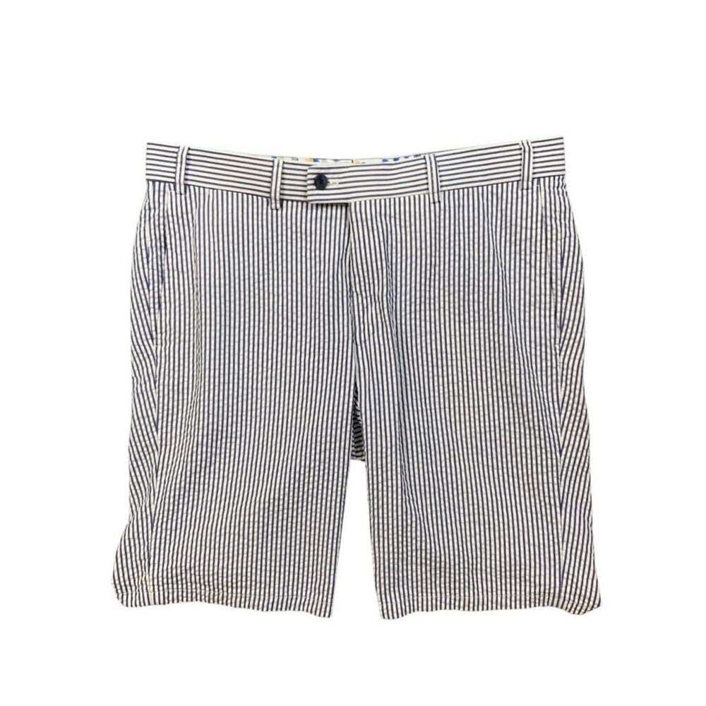 Hiltl Shorts Mens *34 Storm White Cotton Seersucker Striped Flat Front 10 Inch